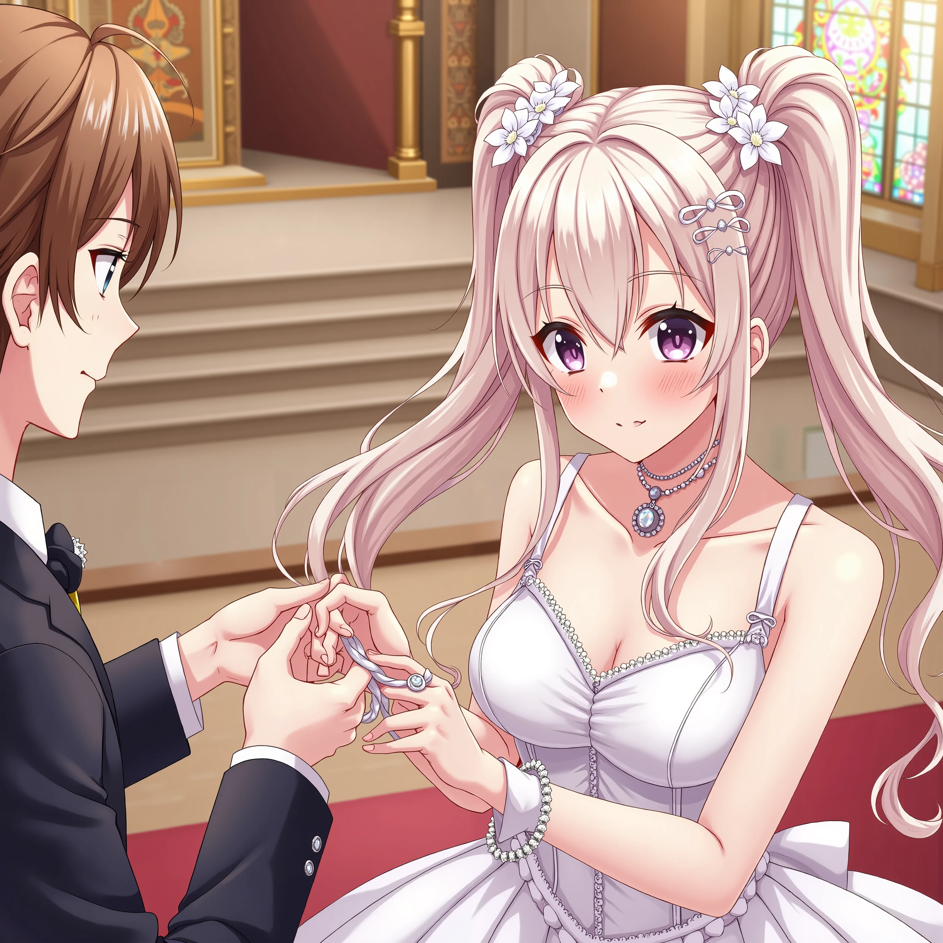 🌟:hochdetailliert,realistic with anime influence,Nahaufnahme,Foreground focus on the double braids and the entwined hands,which underlines their dominant posture.
🌌:a magnificent wedding chapel with high ceilings,royal tapestries and an altar in the background.The light falls through colorful glass windows and immerses the room in a warm,romantisches Licht. The bridal couple holds hands. the bride's hair is tenderly wrapped around the intertwined hands
😈:a charming bride with double ponytails,her hair is long and shiny,her hairstyle is elaborately styled and decorated with flowers and jewelry.She wears a luxurious wedding dress,which emphasizes her perfect figure.
**groom:** from his perspective you can see,as his hands are wrapped by the bride's double ponytails,the ends of the hair are wrapped like ropes around his intertwined hands.His hands are gently tied,which keeps him in a symbolic and delighted position.
🔥:the double braids and entwined hands are brought to the foreground,the detailed texture of the hair and the gentle wrapping of the hands are clearly visible.Der Blick des grooms ist auf die bezaubernden Augen der Braut gerichtet,that radiate with love and tenderness.The scene exudes a mixture of romance,Tenderness and a royal atmosphere.The light emphasizes the details of the hair and hands,four boys aged 18-21 years.
💋:Eine Nahaufnahme der doppelten Zöpfe und der umschlungenen Hände des grooms,which are gently wrapped by the bride's hair.The scene is full of romance and tenderness during the wedding ceremony.