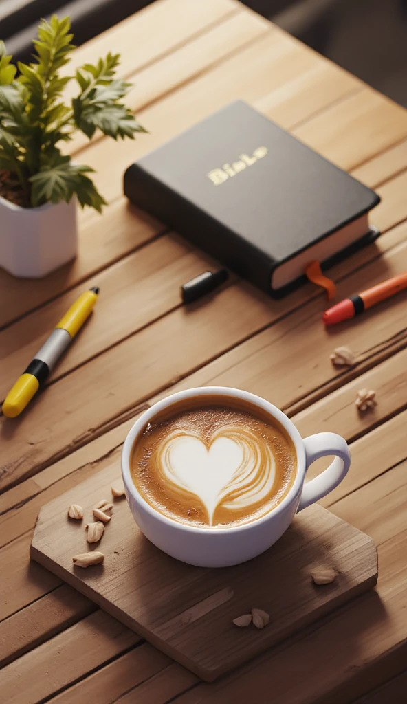 ((( best quality 8k, 32k resolution))), best surreal work, score 9,  score 8,  Score 7 , masterpiece,, very detailed,perfect well defined,  natural lighting, ultra detailed, bright colors, image of a cup of coffee with milk, smoky ,with a heart made by a barista, a bible and a highlighter next to  , is on an aged beige wooden table , seen from above at an angle of 45 degrees, isometric perspective.