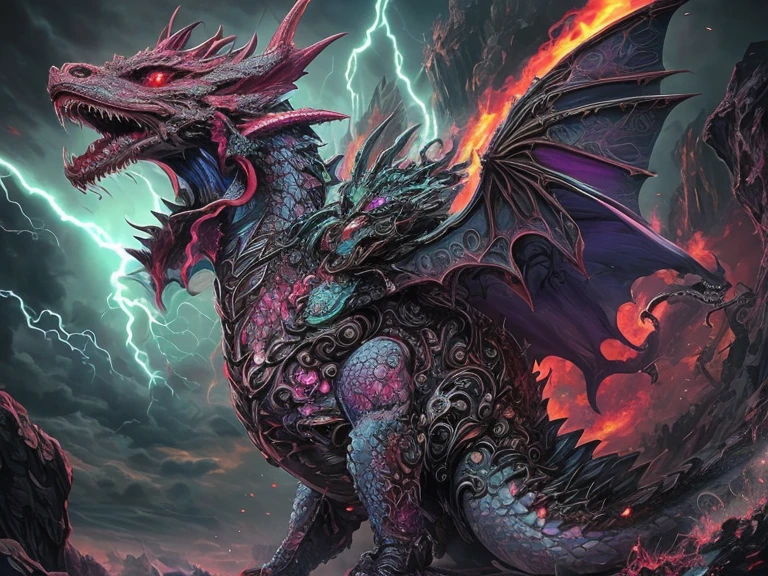 Tiamat, the fearsome Chromatic Dragon Queen, embodies the darkest depths of draconic power and malevolence. With her five heads, each bearing the visage of a different chromatic dragon—black, blue, green, red, and white—she commands legions of evil dragons and fiends from the depths of the Nine Hells. Her immense form is wreathed in scales of varying shades, ranging from jet black to bone white, each as hard as adamantine and as sharp as obsidian. Her wings, spanning vast distances, cast shadows that darken the skies and instill fear in the hearts of mortals. Tiamat's eyes gleam with an unearthly intensity, burning with an insatiable hunger for power and domination. From her maw, she unleashes torrents of elemental fury—gouts of flame, bolts of lightning, toxic gases, and freezing blasts—that devastate all who oppose her. Her presence exudes a palpable aura of dread and despair, causing even the bravest warriors to tremble in her presence. She is worshipped by cults of fanatical followers who seek to unleash her wrath upon the world and usher in an age of darkness and chaos. Tiamat's lair is a labyrinthine fortress of bone and sinew, hidden deep within the bowels of the earth or atop towering peaks veiled in perpetual storms. Here, she schemes and plots, weaving webs of intrigue and manipulation to further her insidious agenda and extend her influence across the realms. In the annals of legend and lore, Tiamat is the ultimate embodiment of draconic tyranny and destruction, a force of darkness that threatens to consume all who dare to defy her reign of terror.
