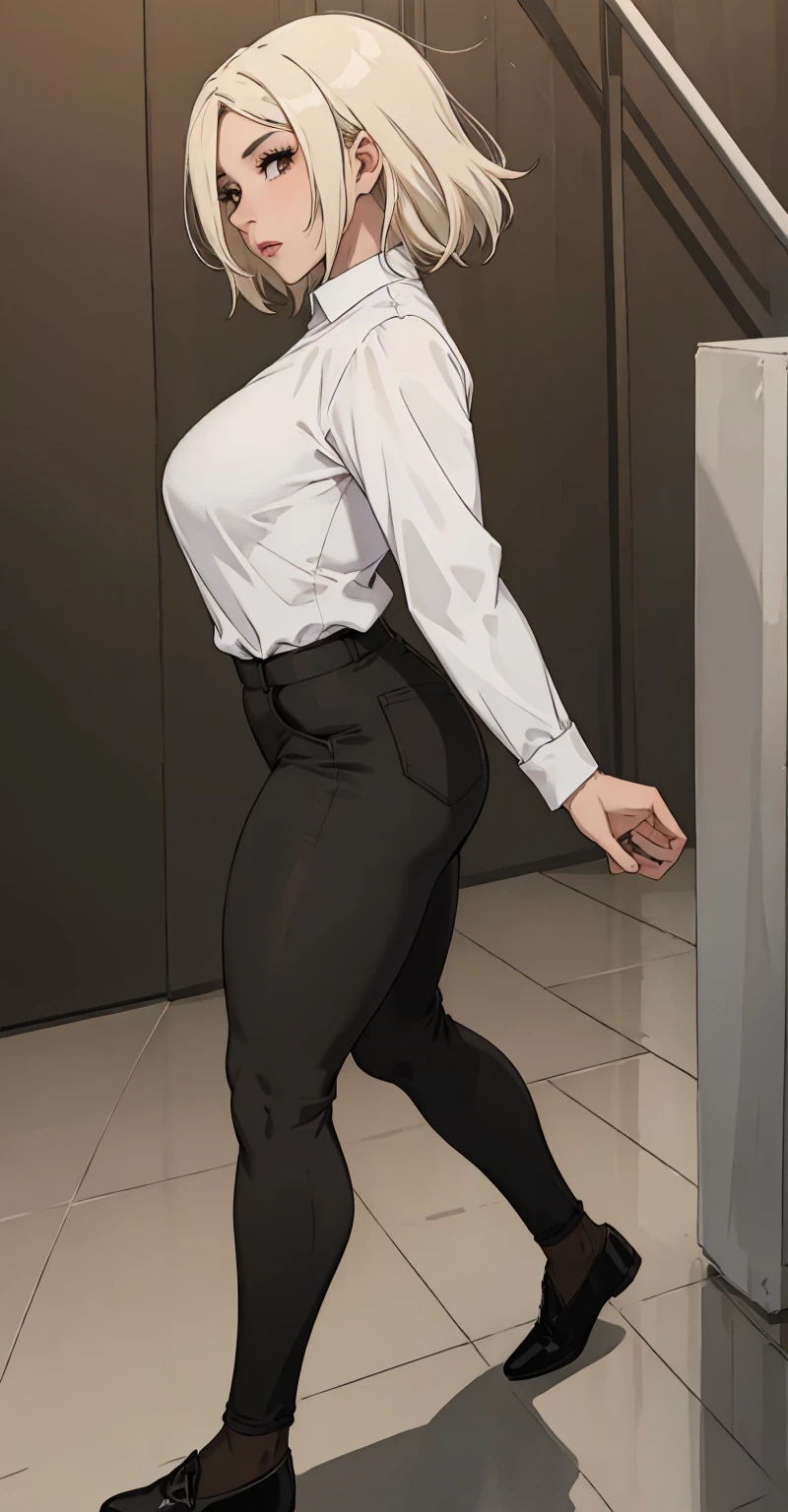 Boy, male body, adult, girl face, seductive face, provocative look, redhead, wolf cut hair, perfect body, fit body, thin waist, white shirt, muscular, small girl's chest, volleyball shorts, leather boots, pretuberance, focus on ass