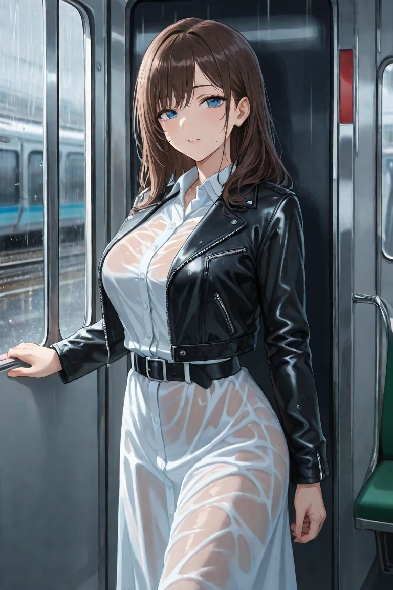 The generated image is、It depicts a 10-year-old Japanese girl.。She cut her black hair short、She has beautiful eyes and a shy smile.。Her face was red、Huge chest stands out。She is wearing a shiny black latex bikini、I put my arms behind my back。Her whole body is depicted、Standing posture。Background in the classroom、She was wet and、I'm sweating。moreover、There is a lot of semen on her chest and body.。