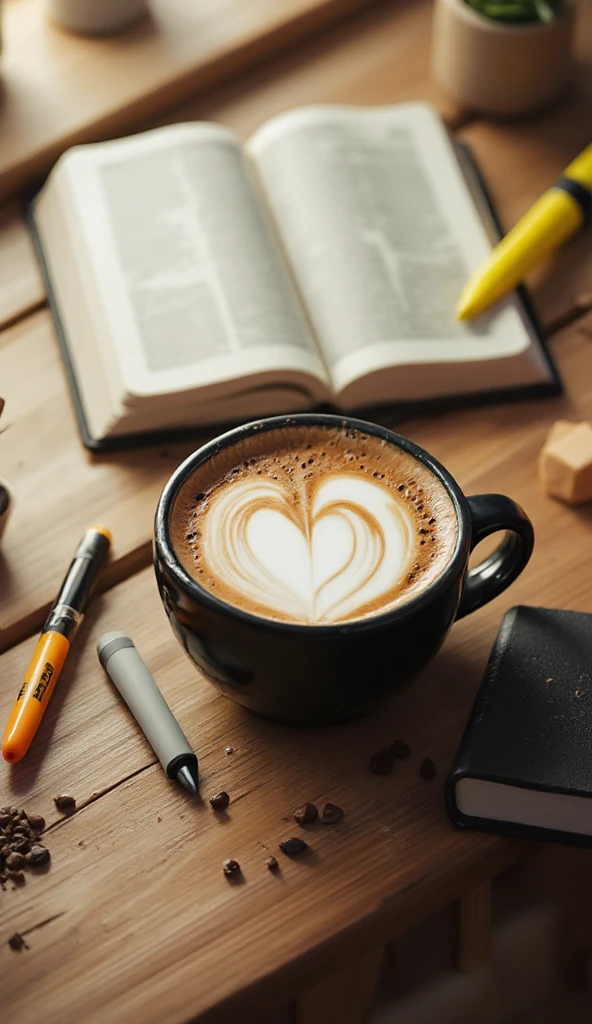 ((( best quality 8k, 32k resolution))), best surreal work, score 9,  score 8,  Score 7 , masterpiece,, very detailed,perfect well defined,  natural lighting, ultra detailed, bright colors, image of a cup of coffee with milk, smoky ,with a heart made by a barista, a bible and a highlighter next to  , is on an aged beige wooden table , seen from above at an angle of 45 degrees.