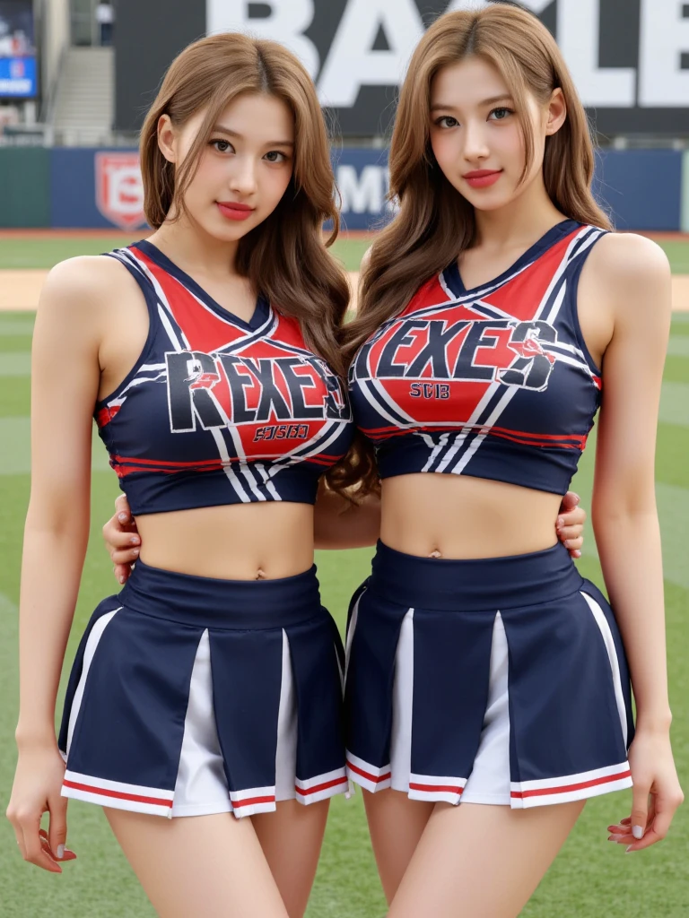 (8k), (Best quality), beautiful mature females, 30~40years old, milf, a group of cheerleaders is posing for a photo wearing cheerleader outfit and holding pom poms, crossed eyes, seductive face, lewd, curvy, thick thight, wide hips, huge lips:1.4, massive lips:1.4, bombi, full body