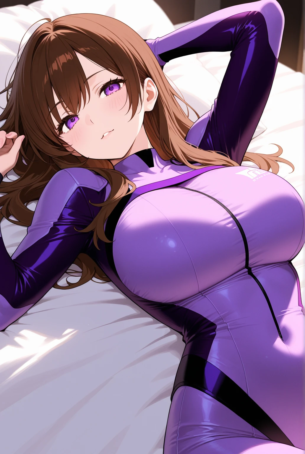 A woman lying on a bed,Long brown hair,Wearing a lilac tight top, the breasts are large, body swelling about to explode, sie boob, Covered breasts, hair floating covering chest, Covered SF, The upper part of the body, Big breasts, Breast coverage and SF, 3/4 bust, wet tshirt, torn shirt, leaked photo, Big breasts!, sfv