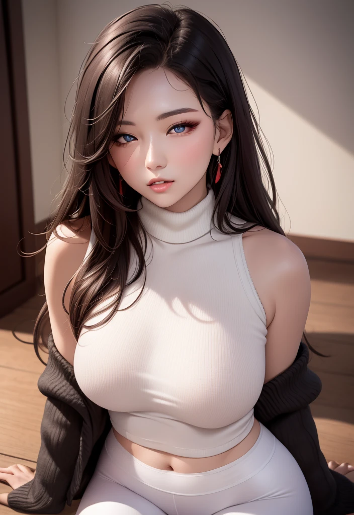 sfw, ((transparent clothing)), ((lying on bed top view)), Ultra high quality，8K，gal girl，Sexy and feminine, high and cold，Enchanting，The head proportions are perfect，Gray high ponytail，Wear a sweatshirt monogram print, Short red high-waisted skirt，Flaming red lips，Swan neck，chokers，sun is shining, wearing bra,((skinny waist)), young asian girl, ((big breasted)),