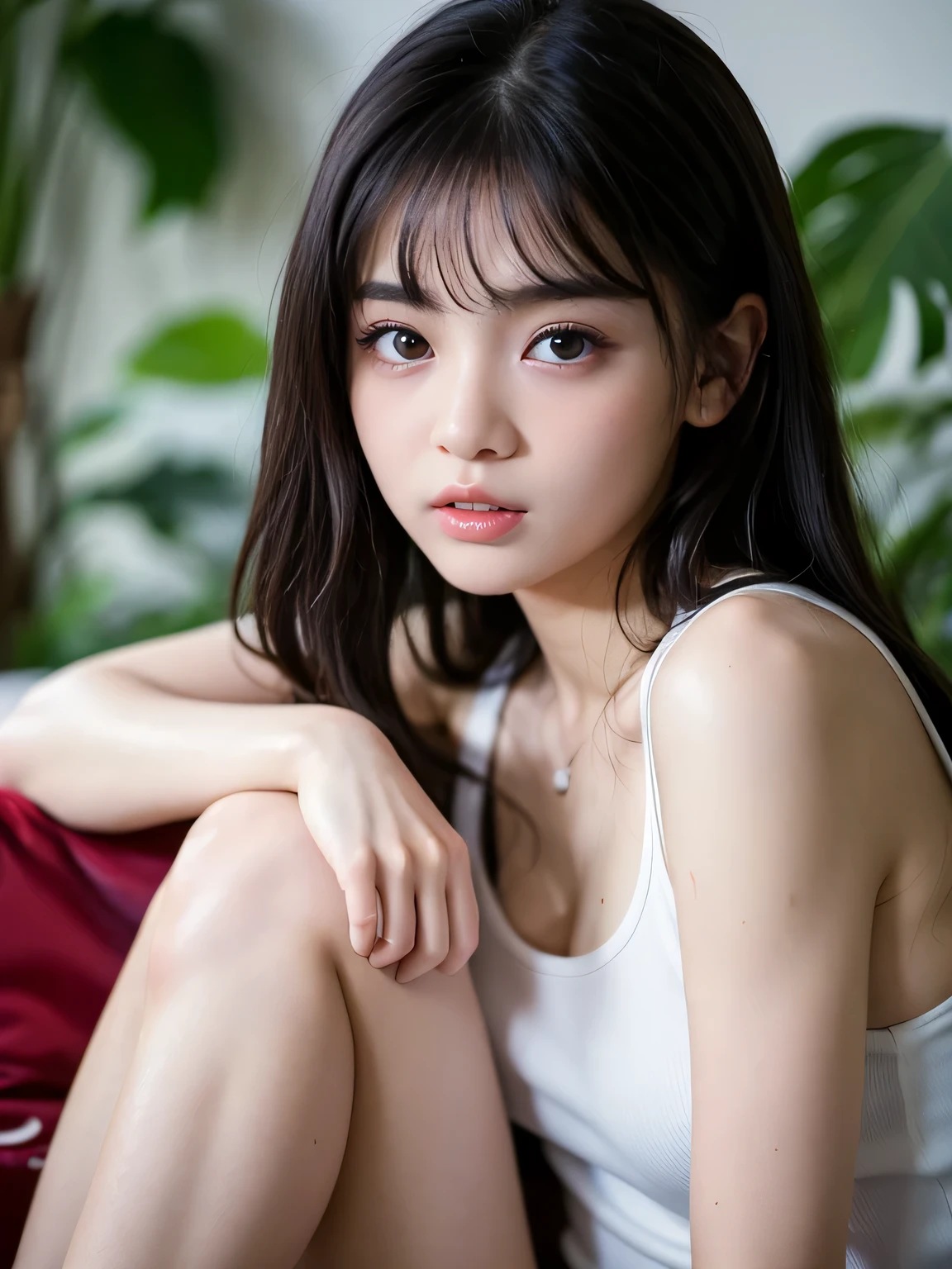 raw photo, 8k, (top-quality), Realistic, (real picture, Intricate details), (natural skin texture, detailed skin, hyper realism, sharpness), (Japanese teenage girl sitting on small bed in a old hotel at night, hands between leg), ((white night dress, sleeveless, see-through)), (((flat chast:1.5))), (slender body, pale skin:1.2), ((wavy hair, blunt bangs)), (baby face, provocative look, Parted lips:1.3, red eye shadow, eye bag:1.3, red thick lips, under eye circle), thighs, munechira, night time, red wallpaper, hard lighting:1.3, full body shot
