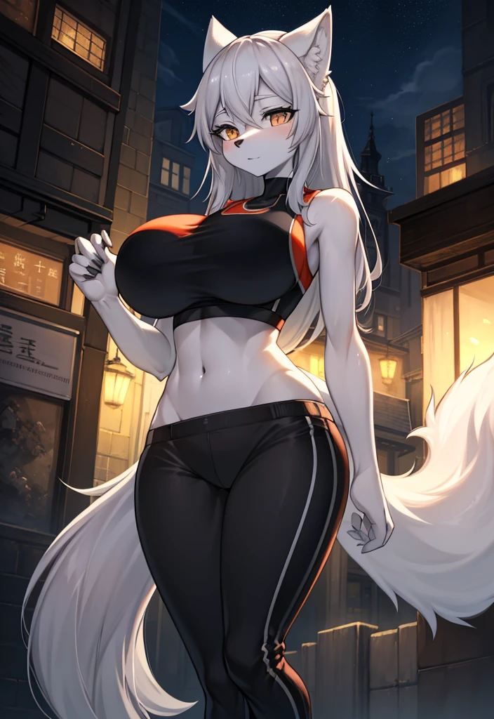 1girl, beautiful white kitsune, long white kitsune ears, multiple white kitsune tails, blue and yellow one piece slited swimsuit, 8k, anime style, yellow eyes, big breasts, extremely detailed eyes and face, 4k, high quality, vibrant colors, long white hair, wide waist, wide hips, sexy pose, masterpiece,extreme detail description,professional,vivid colors,bokeh