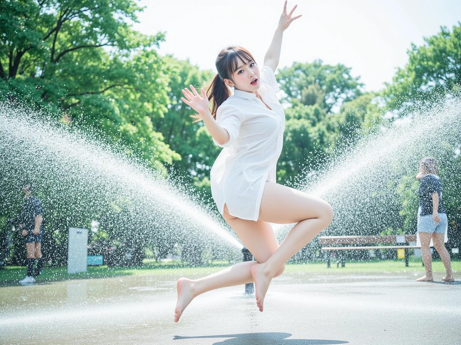 A super sexy and cute Japanese girl 、Exact finger count、Super big、sexual excitement、(((high leg マイクロビキニ、A girl jumping into a clear stream with a smile)))