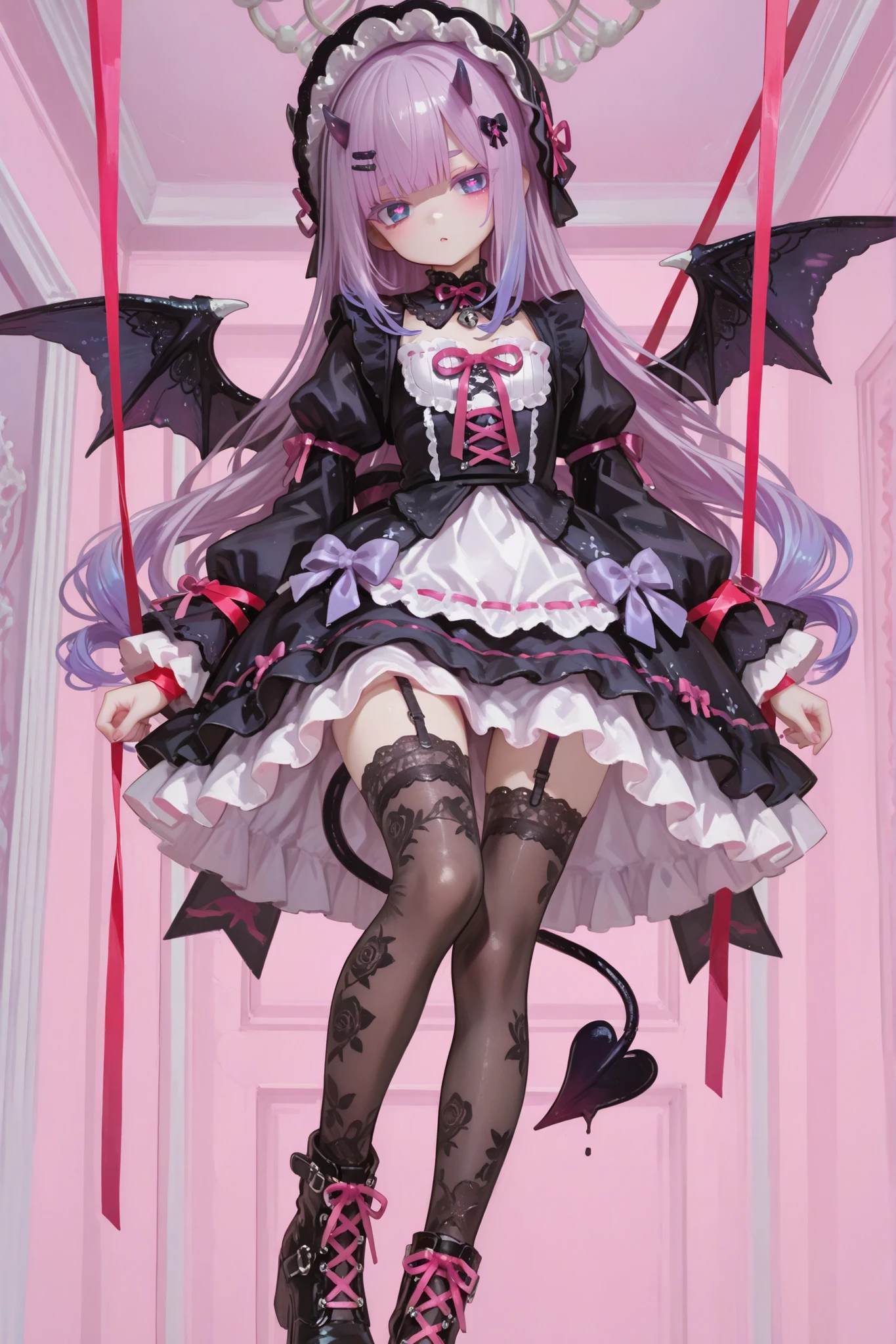 The demon girl is the devil/ pastel gothic. She has pale skintone,petite miniature bodybuilding with flat chest. She has purple eyelashes and purple eyebrows to match her hair. She has very longest curly lush purple hair with pink gradient on tips,straight bangs hair over her face
with sets of white bow hairclips. She wears black bonnet hat with bat wings. She has navi-blue eyes with heart-shaped pupils. She has long black-pink horns with pink ribbons on it, black-pink webbed wings on her back, and a black-pink devil's tail with a small purple bow at the end. She is wearing a black-pink pastel laced Gothic dress with ribbons and bows with long puffy sleeves. She has a puffy collar with a red ribbon and a blue ornament on her chest. Her long legs are wrapped in bandages and garters with a bow on her hip, lace stockings, pink lace-up ankle boots with bows. Her nails are black. On the background: pink and black Gothic-style bedroom, furnished with skulls and red ribbons hanging from the ceiling, to which scissors are tied.