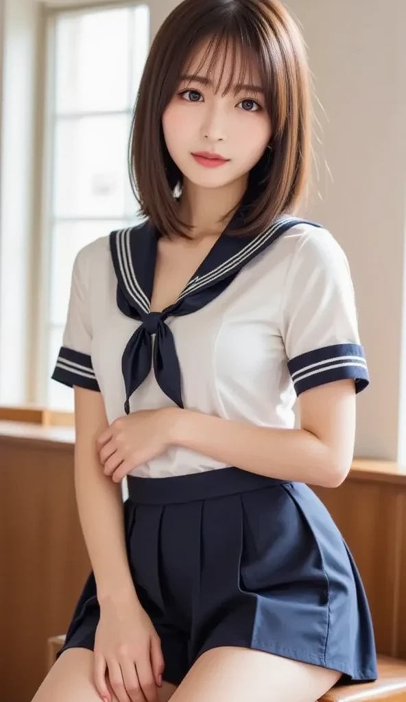 (((Best Quality, masutepiece, Anatomically correct, Super Detail, 8K))), ((Photoreal:1.2, Photoreality:1.2、canon, F/1.2, 135 mm, light light on the face:1.5, Japanese Gravure、beautfull Japanease woman、22year old:1.5, Shortcut Hair, Cute woman with short hair hanging over her ears, light brown hair)), (Blue eyes), (((High School Girl Cosplay:1.3, sailor collared school uniform:1.4, clothed, skirt lift:1.4))), ((1girl:1.3, cowboy shot, look up at the crotch below:1.5, panty shot:1.3, Panchira:1.3)),