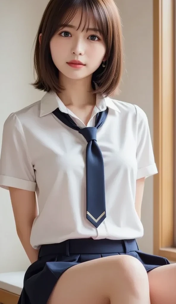 (((full bodyesbian)))、((Girls' High School Uniforms))、((1a person))、short-hair、Close to the subject、((Panties look like you can see))、((a miniskirt))、(((school classrooms))、(((ssmile)))、(((Girls' High School)))、((a beauty girl))、((sexy pose))、Photorealsitic、Beautiful detailed eyes、Hyper-Realism、highcontrast、Ultra HD、realistic skin textures、Top image quality、top-quality、超A high resolution、Fine details、Very meticulously