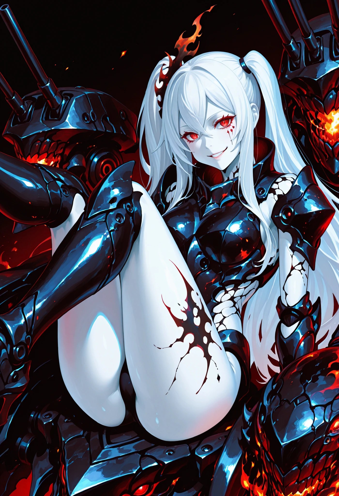 Armed Girl. Abyssal Fleet. White hair. White skin. Red eyes. Cheek tattoo. Long hair. Side ponytail. Black flame hair accessory. Ironic smile. Black light armor. Armored arms. Sharp claws. Cracked tattoo. Sitting. Legs up. Turret. Mechanical monster.