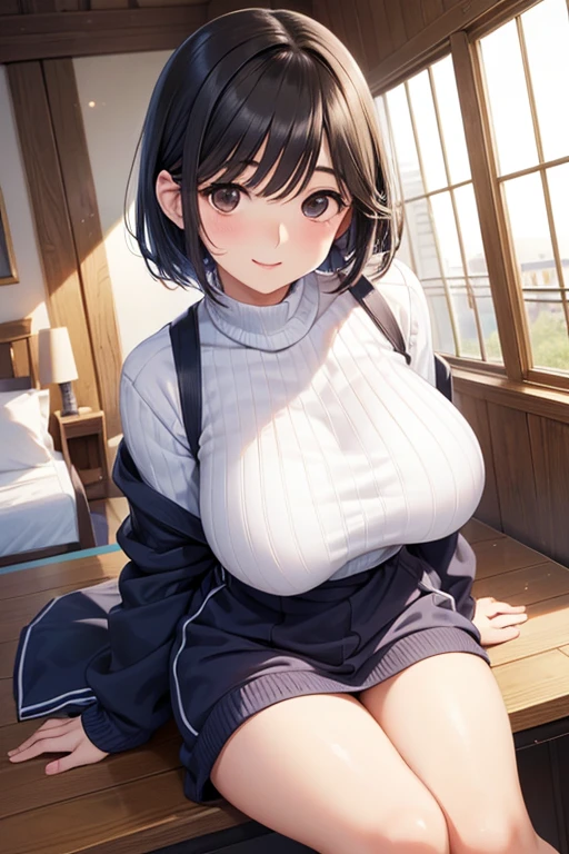 absurdres, Realistic, extremely detailed CG unified 8k wallpaper, Highly detailed, High-definition raw color photos, professional photograpy, Realistic portrait, Cinematic Light, Beautiful detailed, (Angle from below:1.3), dark hair, bob cut, (asymmetrical bangs), (diagonal bangs), 20 years old woman, bob cut ,blue eyes, (crying:1.0), tears, (realistic skin:1.3), (Best Quality:1.4), Super Detail, High quality, master piece, lifelike, (After SEX), cum in pussy, pussy, Perfect face, Silly, (Wearing a beige high neck knit with large open chest), (cum on chest:1.3), (Bukkake:1.3), (cum on face), Sharp Focus ,Delicate Beautiful Hair and Eyes and Face, Delicate eyes, radiant eyes, Lifelike, Hyper-detailing, (colossal tits:1.8), (Big breasts:1.8), ((exposed breast)), (Beautiful breasts:1.3), Beautiful cute woman, Exposed, (no panties:1.5), camel-toe details, Indoors, (Cowboy Shot), (close up), NSFW, slim body, slim legs, thighs, sexy thighs, sitting, ((open legs)), (In the hotel room at night), sitting on the lower body of a man, (insertion:1.5), (penis), (During sex:1.6), (Cowgirl), (cum shots), (arms behind back:1.5), arms are down, Dripping from the crotch, Overflowing from the crotch, ((Sexy legs)), thighs, (natural pussy), (nude lower body), (pov sex), 1man(during sex), wet body, wet, very wet