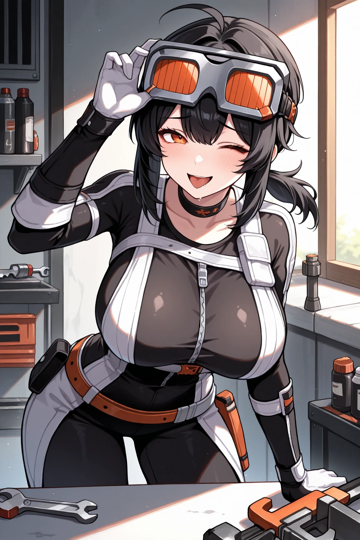 asagi, 1girl, mature female, blue hair, long hair, bangs, hair between eyes, green eyes, breasts, solo, huge breasts,igawaoutfit, shiny clothes, fishnets, skin tight, impossible leotard, black leotard, highleg leotard, showgirl skirt, elbow gloves, covered navel, thighhighs, spread legs,smile,coverd ,smile,sitting ,hotel,holding mug,cum in cup