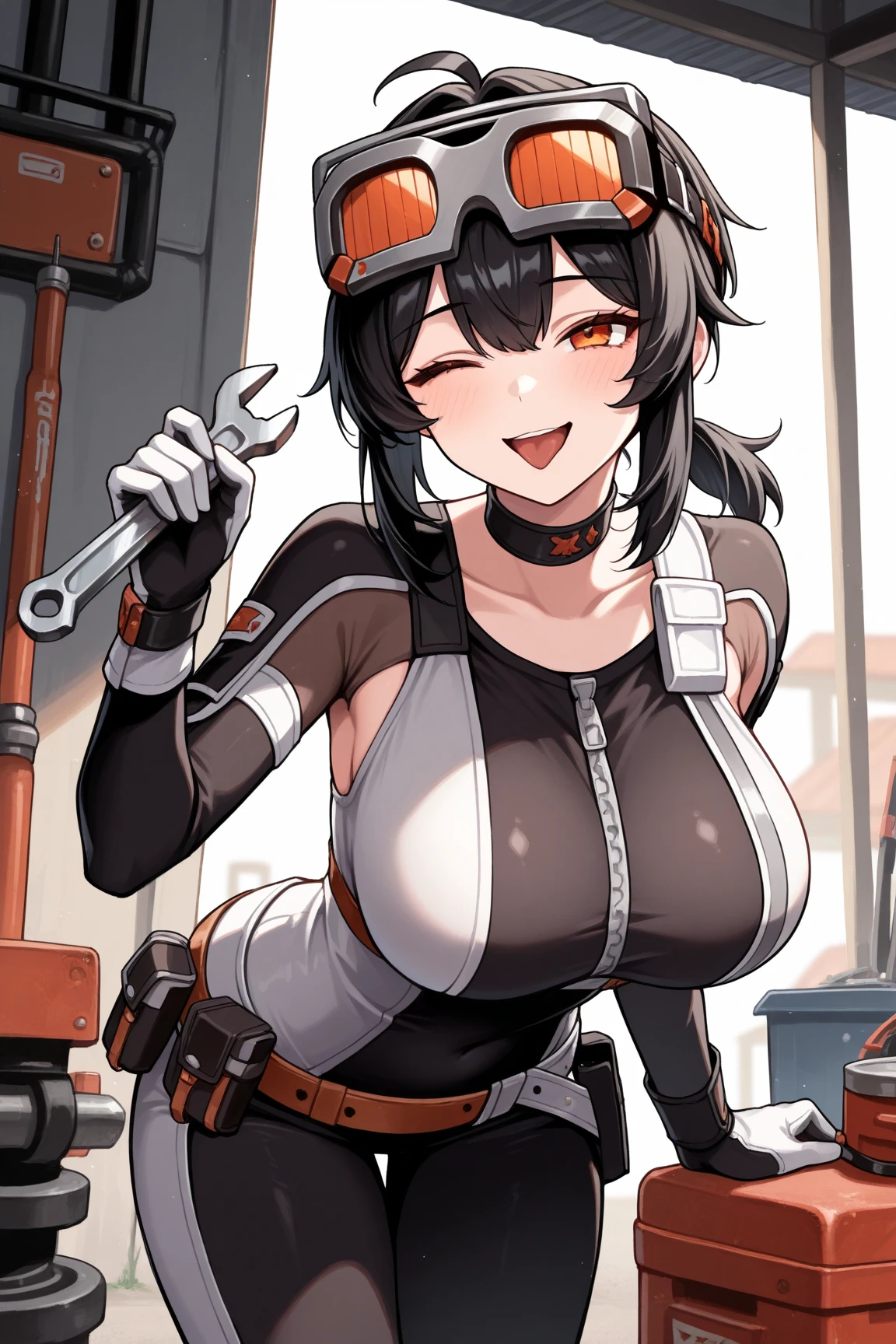((topless)), nsfw, masterpiece, 1 girl, erect nipples, intricately detailed, navel, bare shoulders, black hair, hard hat, construction site, towel on neck, wiping sweat, baggy pants, cargo pants, extremely detailed, bare breasts, puffy nipples, blueeyes, bare stomach, sweaty, medium breasts, arm strap, cowboy shot, holding sledgehammer, mature, chain, soft eyes, smiling, sunlight, day, belt