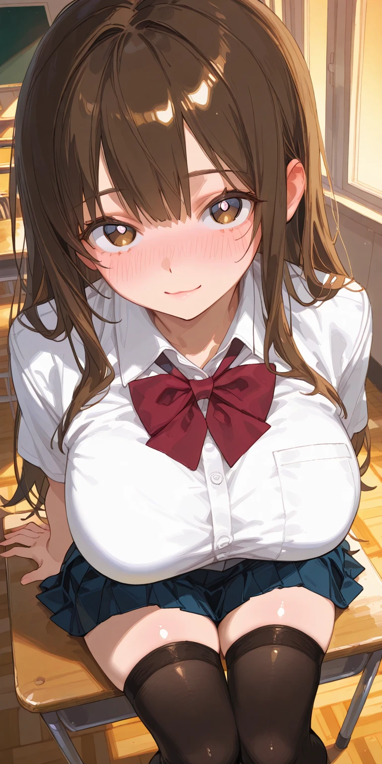 ​masterpiece, top-quality,  dark brown hair:1.5、straight haired、Pony tail、Brown eyes、Big breasts、White blouse shirt, Tartan checked skirt, The upper part of the body, From  above, Look at viewers, cheeky grin, Grinning, After-school classroom