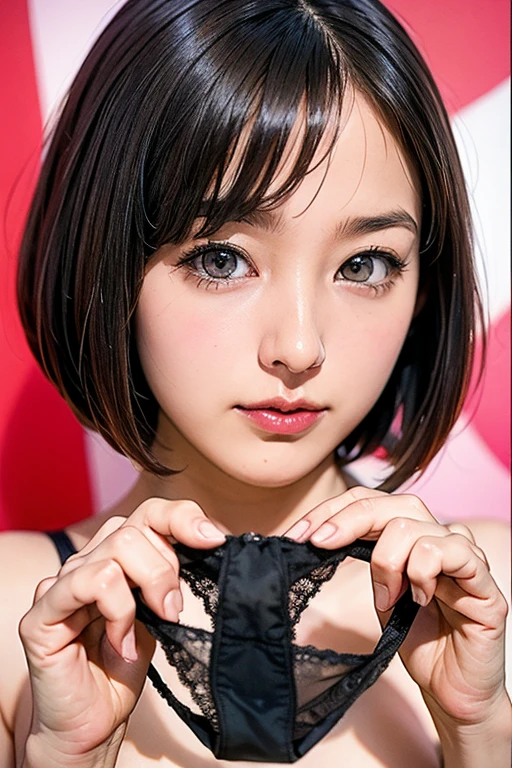 Very big black panties、Purple Hair、Bobcut、She is wearing a cross-shaped hair ornament、Face is close、Close face、Panties in front、Showing panties、Very big panties、Pretty big panties