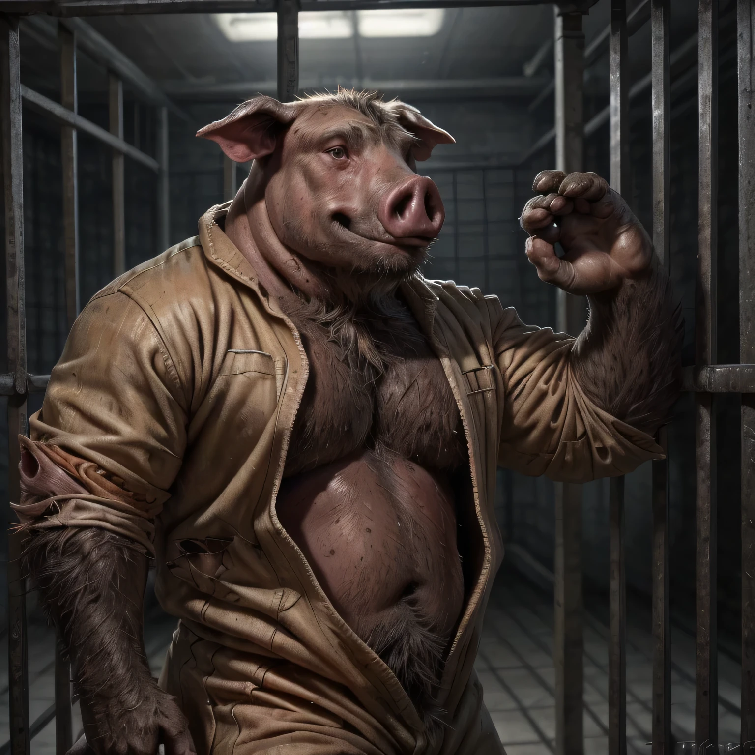 Prison setting, prison cell, boar, orange clothing, prison jumpsuit, flex, muscular, barazoku, evil grin, torn clothing,
BREAK,
(detailed background:1.2),high detail, film photography, RAW candid cinema, realistic, analog style, best quality, ultra realistic, 8k, (by taran fiddler),