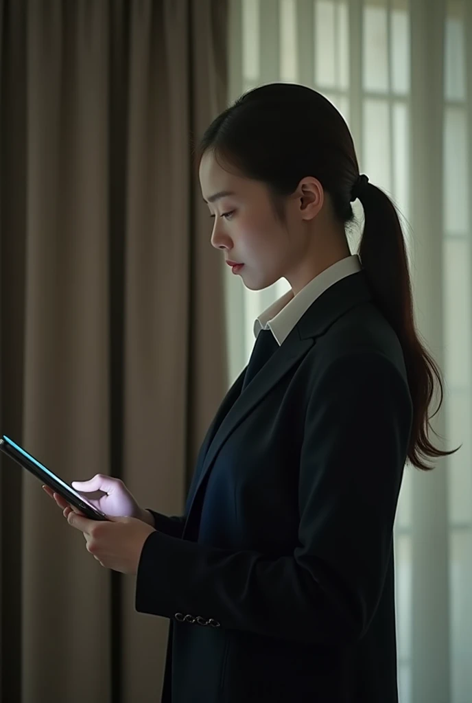 A woman in a suit uses a tablet in her room, service, Seon Yun-joo, still from live action movie, Park Shin-hye plays a supervillain, full device, using a magical tablet,  iu Lee Ji Eun as a supervillain , Side posture, [  Photorealistic photos  ]!!, shin min jeong, Serious Things, Lazy, Elegant appearance