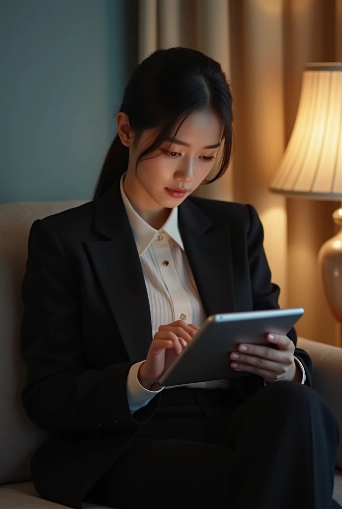 A woman in a suit uses a tablet in her room, service, Seon Yun-joo, still from live action movie, Park Shin-hye plays a supervillain, full device, using a magical tablet,  iu Lee Ji Eun as a supervillain , Side posture, [  Photorealistic photos  ]!!, shin min jeong, Serious Things, Lazy, Elegant appearance
