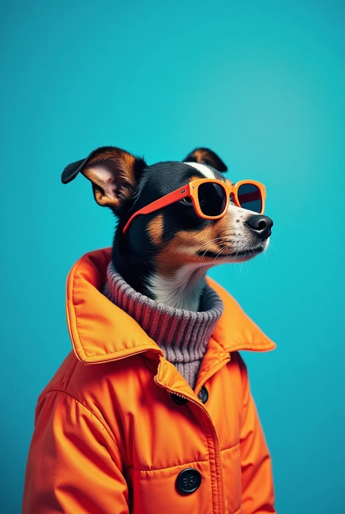 The best cell phone wallpaper, Award-Winning Wallpaper, portrait photography, In the front view is a portrait of a cute dog wearing mid-1960s space age fashion, Side view photo, Shot with Canon EOS R5, Set a strong contrast that accentuates the subject, Fluorescent blue tone, Wearing a very modern coat and sunglasses is a modern 1960s style, Clothes all in one color, beautiful background