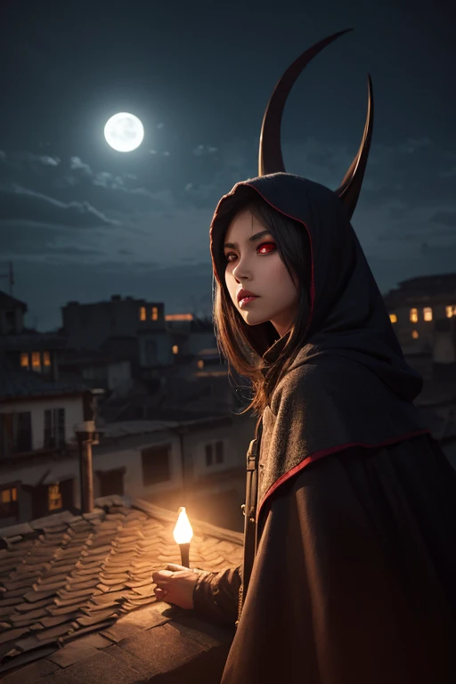 Dark Elves, Assassin, Rooftop at night, dual-blade, Glowing red eyes, fantasy setting, Moonlight, stealthy pose, Anime Fantasy Style, Digital Paint, Rim Light, Cloak Details, ultra-detailliert, 4K, masterpiece , Grumpy Shadows