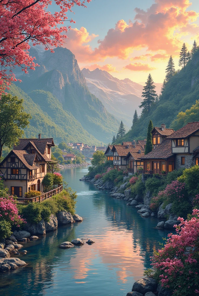 , a small riverside village,The background is mountains,Flowers bloom,Vivid colors,Detailed scenery,Beautiful natural landscape,Ambiance Lighting,Scorching sunset,a warm color palette,utility,utility摄影,Delicate leaves,Complex architecture , cobblestone streets , charming country cottages , swirling bright colors, dense vegetation ,Still water reflections,picturesque,Leisure and tranquility,artwork of a,Best quality,8k,Extremely detailed,anime style
