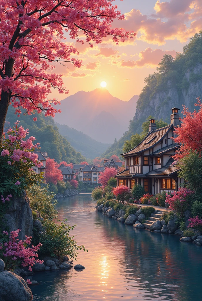 , a small riverside village,The background is mountains,Flowers bloom,Vivid colors,Detailed scenery,Beautiful natural landscape,Ambiance Lighting,Scorching sunset,a warm color palette,utility,utility摄影,Delicate leaves,Complex architecture , cobblestone streets , charming country cottages , swirling bright colors, dense vegetation ,Still water reflections,picturesque,Leisure and tranquility,artwork of a,Best quality,8k,Extremely detailed,anime style