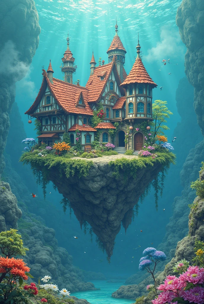 colours (fanciful: 1.2), (In Studio Ghibli style), ( Irregular Buildings Floating on the Sea ), Patchwork cottage, floral decorations, optic, Andreas Rocha style conceptual art, Artstation Contest Winning Entries , fanciful art, (an underwater city), Chen Luo, optic Beam, Realistic opticing, masterpiece, high quality, beautiful graphics , High detail , masterpiece, high quality, beautiful graphics , High detail , --v6