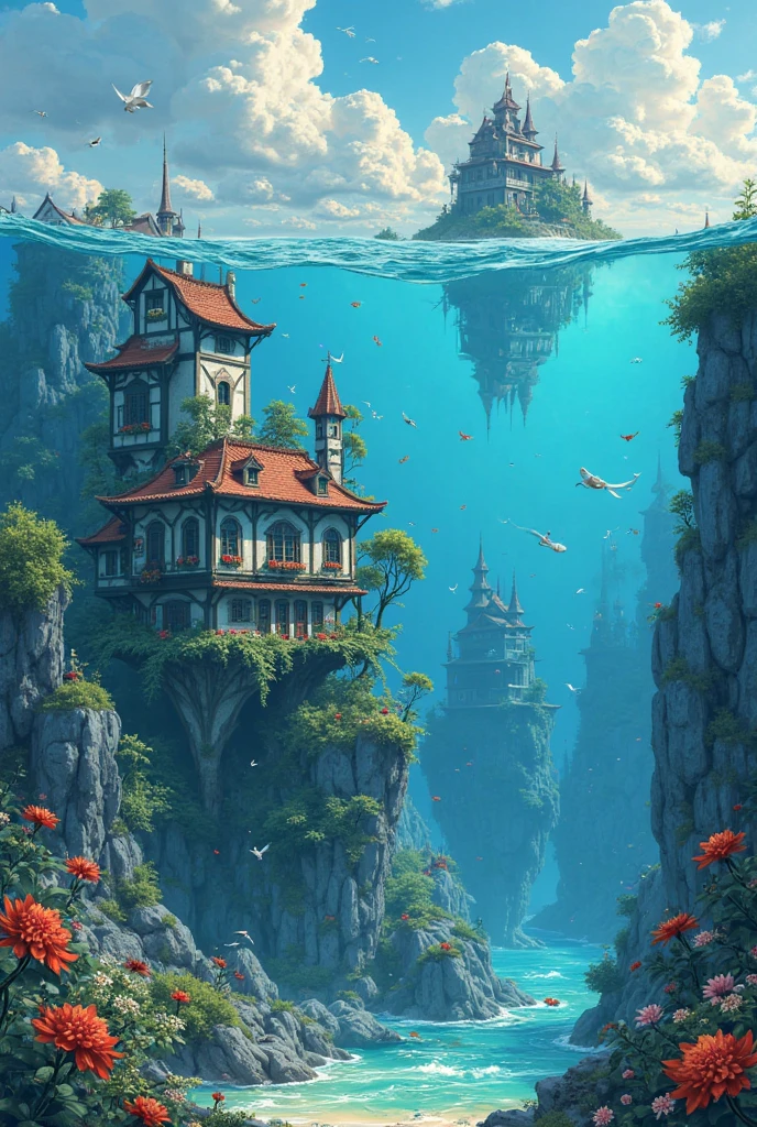 colours (fanciful: 1.2), (In Studio Ghibli style), ( Irregular Buildings Floating on the Sea ), Patchwork cottage, floral decorations, optic, Andreas Rocha style conceptual art, Artstation Contest Winning Entries , fanciful art, (an underwater city), Chen Luo, optic Beam, Realistic opticing, masterpiece, high quality, beautiful graphics , High detail , masterpiece, high quality, beautiful graphics , High detail , --v6
