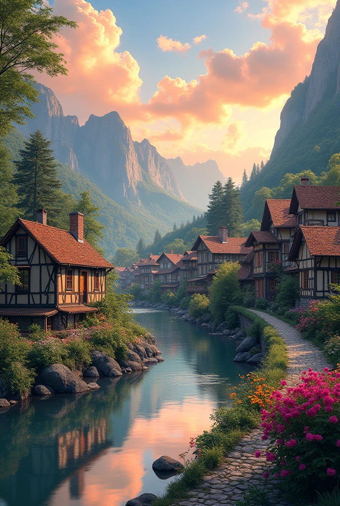 , a small riverside village，The background is mountains，Flowers bloom，Vivid colors，Detailed scenery，Beautiful natural landscape，Ambiance Lighting，Scorching sunset，a warm color palette，utility，utility摄影，Delicate leaves，Complex architecture ， cobblestone streets ， charming country cottages ， swirling bright colors， dense vegetation ，Still water reflections，picturesque，Leisure and tranquility，artwork of a，Best quality，8k，Extremely detailed，anime style