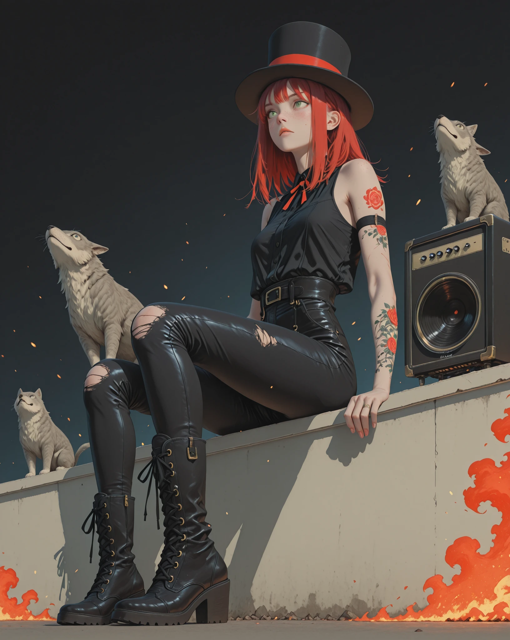 She steps forward with the lean elegance of a shadow cutting through light—tall, razor-thin, and charged with electric confidence. The rhythm guitarist, the backbone of the storm. Her silhouette is unmistakable: towering in black boots, shoulders slightly hunched in a way that suggests both defiance and focus, she wears the iconic Slash-style top hat, tilted just enough to cast a rebellious shadow across her pale, sharp features. Her hair is a wild cascade of crimson red, falling past her shoulders in loose waves, fading into a fiery orange at the tips like embers on the edge of ignition. Freckles dance across her nose and cheeks, giving a contrast of innocence to her otherwise feral expression. She wears a sleeveless faded band tee torn at the edges, paired with high-waisted leather pants cracked by time and countless shows. Her long arms, marked with minimalist tattoos—thin black lines, cryptic runes—move with grace and grit. The guitar she wields is jet black, matte finish, low-slung against her hip, covered in band stickers and tour scars. She doesn’t show off—she locks in. Her strumming is relentless, her rhythm tight, anchoring the chaos with hypnotic precision. While others roar and shine, she burns low and steady, a silent engine behind the storm. When she looks up beneath the brim of her hat, her emerald green eyes flash with sarcasm and fire, as if she knows something the audience never will. The illustration captures her mid-song, strands of red hair whipping across her face, one boot perched on an amp, fingers blurring across the fretboard. The scene is rendered in a hyper-detailed anime style, influenced by WLOP, Tiv, and Redjuice, mixing street-grit realism with dreamlike lighting. Her anatomy is elongated and elegant—limbs like chords stretched across the soundscape. She is a creature of the underground stage: lean, brilliant, unwavering. A silent blaze among thunder.
