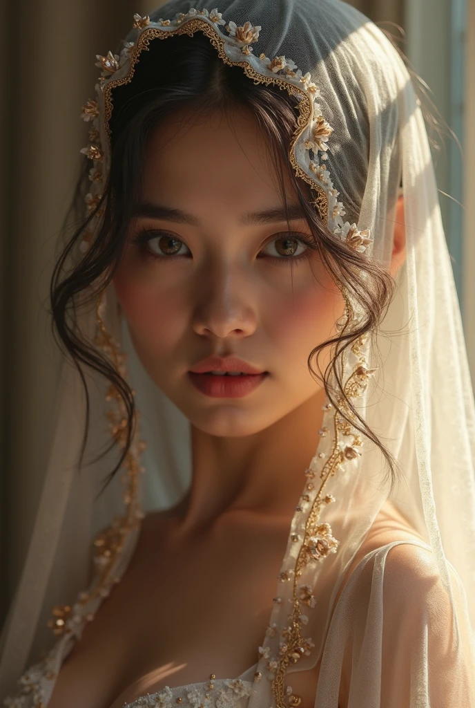 sakimichan style, wlop style, portrait, finely detailed face, beautiful woman, plump lips, opaque veil, medieval veil, headrail, 12th century, heterochromia eyes, iridescent eyes, medieval clothing, bliaut, lord of the rings gown, close to perfection, beautiful anime style, character panorama, clean and detailed face, glowing shadows, beautiful gradients, depth of field, clean Graphics, high quality, high detail, high definition, Luminous Studio graphics engine