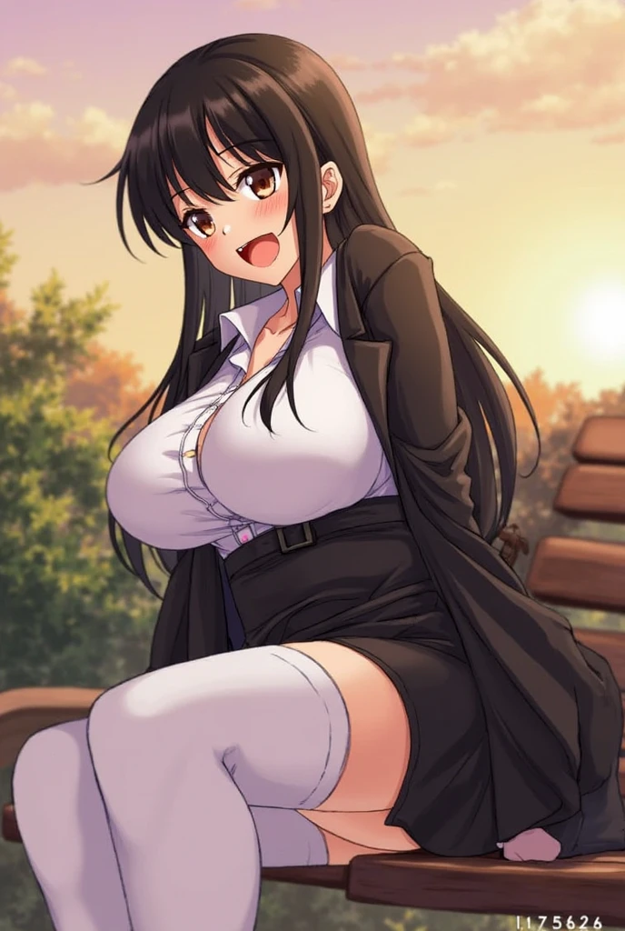 masterpiece, best quality, ultra high res, ultra-detailed, public garden, sunset, toka takanashi, (huge tits: 1.6), (dense pubic hair: 1.4), (erotic black lace-trimmed lingerie with black lace-trimmed stockings and white high heels: 1.5), (she sit with her legs spread wide on a luxurious white bench: 1.4), (she is masturbating: 1.5), (she is squirting lots of cum from her vagina: 1.5), ahegao, sweating, slutty face, tongue out with a lots of dripping saliva