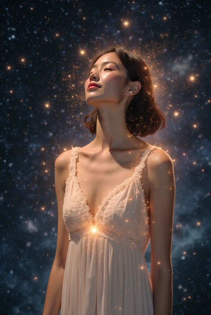 ((Large breasts)),Bare shoulders, short hemlines, 4k ultra hd, masterpiece, a girl, good face, detailed eyes, detailed lips, flower fairy girl, neon lights, (galaxy background:1.5), in the heaven, sitting on the unicon