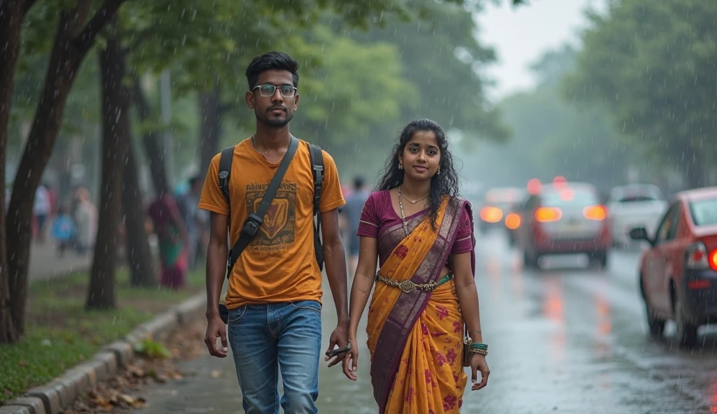 

realistic Indian 20 Year old cute Couple sitting on the road with an umbrella and boy' wearing a yellow hoodie with name "Mr Akm" write on it, Girl wearing a pink hoodie with name "Taniya" write on it, after rain and beautiful lonely Couple, with Cute white Cat, rainy mood, realistic picture, pretty couple, emotional picture.profile pic, rainy weather, beautiful realistic photo, rainy day, hyperealistic photo, it is rain