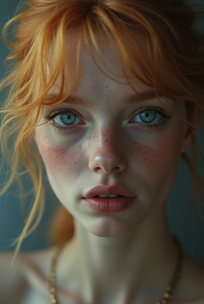 ,  redhead Woman , Freckles, face Closeup, only blushed flirting eyes visiblevery Detailed, awesome Quality, reflecting, luminescent, translucent, Ethereal, ,, very detailed, uhd, masterpiece, White smoke, light beams through smoke, full body