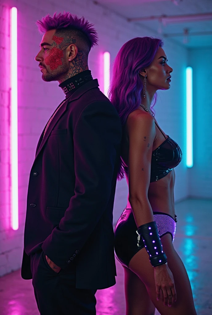 Black man and brunette girl in cyberpunk themed room