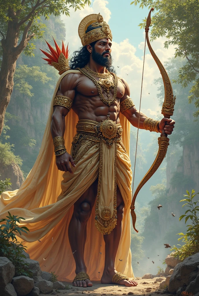 Orisha Oxossi in black and white holding a bow and arrow, with tunic, and feathers on the head 
