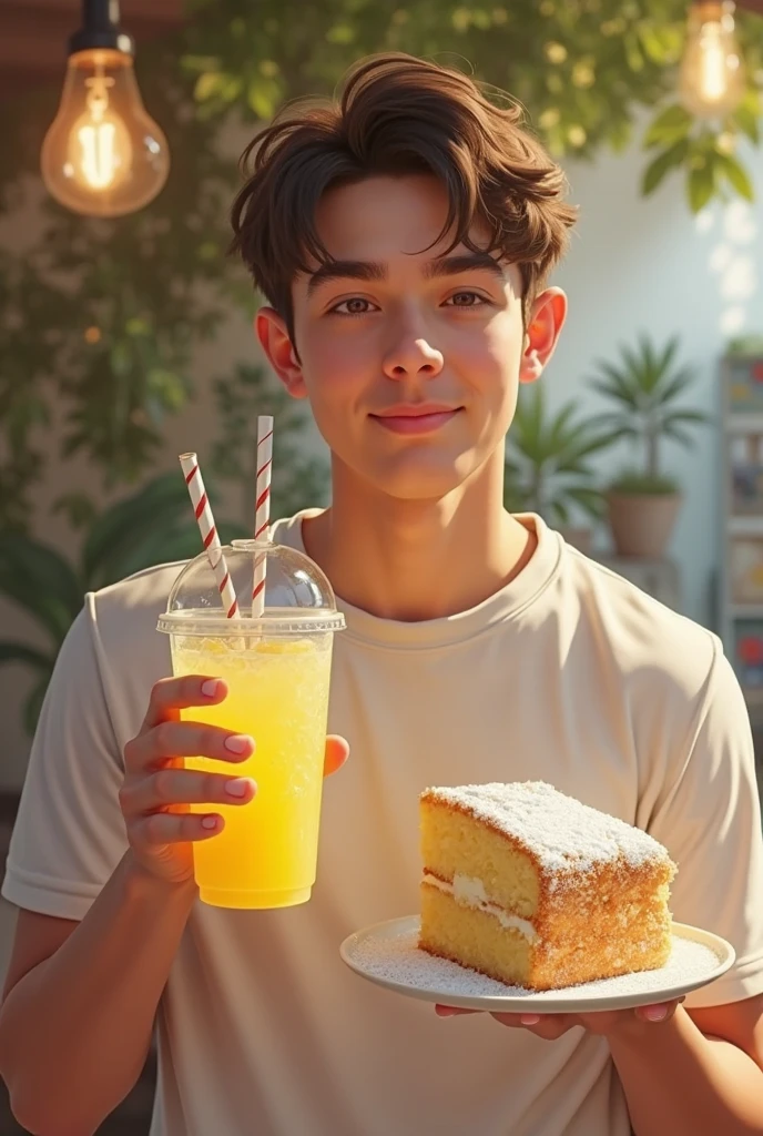 A young cute handsome shirtless white ice cream server with pink hat