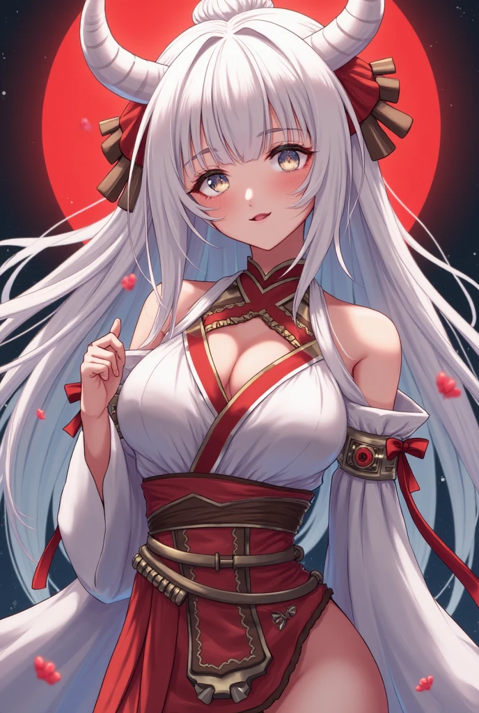 high-level image quality、in 8K (超A high resolution, ighly detailed, Detailed face, Raw photo:1.2)、masutepiece、femele、Silvery hair、Brown eyes、Fashionable red kimono、Moon Night、Longhaire、Pink ribbon、large full breasts、The wind is blowing、high-level image quality、sharp lines