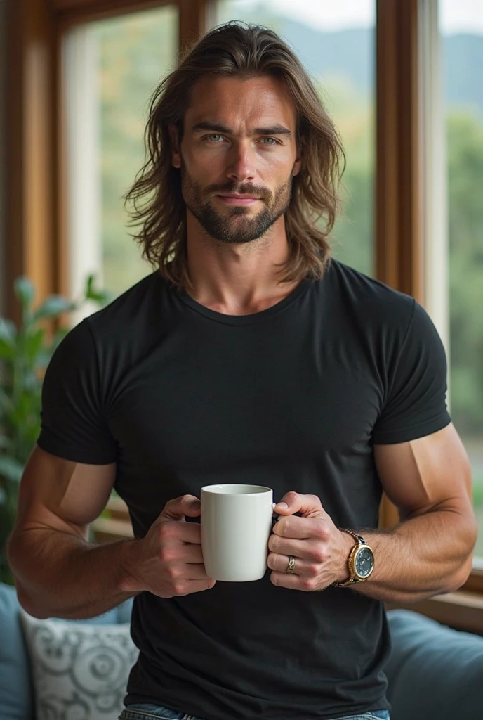 1 homem, 
a 30 y.o muscular man, vestindo camisa branca de manga comprida e gravata, drinking coffee,
luz suave, 
obra-prima, best quality, 8k UHD, DSLR, Filmkorn, Fujifilm XT3 pintura fotorrealista por Midjourney e Greg Rutkowski