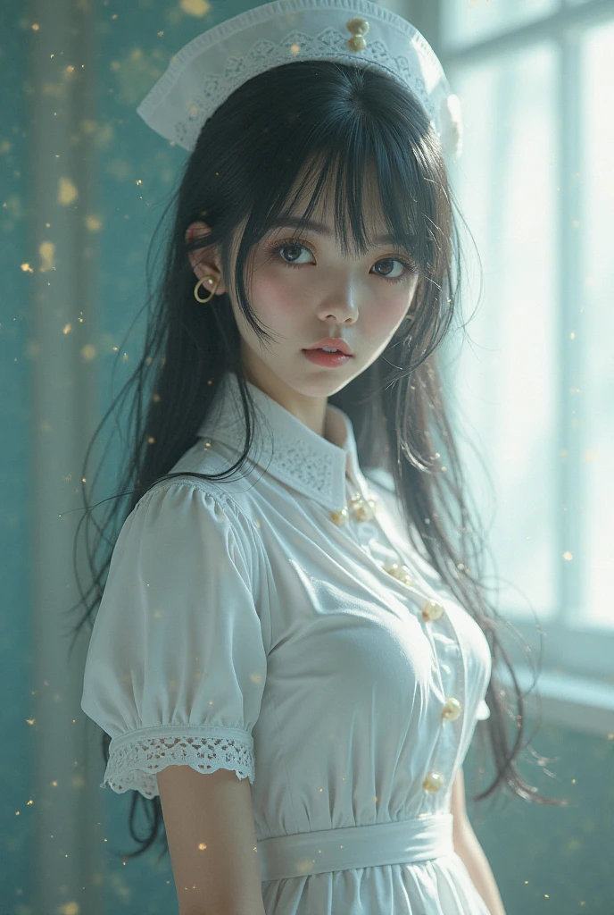 masterpiece, Exquisite, figure, {Beautiful and meticulous girl}, A beautiful and elaborate halo, (Fires of War: 1.2), (Nuclear explosion behind: 1.3), rain, Detailed lighting, Detailed water, (Beautiful and detailed: 1.1), Expressionless, palace, Sky blue hair, Scattered hair, Long bangs, Eyebrow, (Grey and white dress: 1.1), Black Ribbon, White bow tie, upper abdomen, Large forehead, dull, flower, Long sleeve