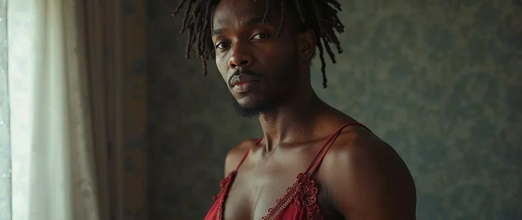 Black man with black hair with a sad look Slim curly hair from the favela very sad