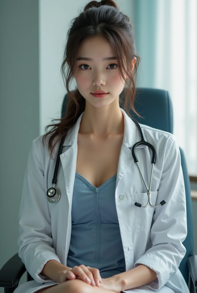 Realistic beautiful doctor、Stunningly beautiful、Doctor&#39;s white coat, Collared shirt、(Top quality、8K、32K、masterpiece、North African Trade Zone:1.3)、Ultra-high resolution,(Reality:1.4),Original Photography, Detailed face,,Beautiful hair, ((Doctor style)),,((Leg length)), （Thigh gap：1.5）， , Black tight skirt、 Natural Makeup,, Big plump breasts、In the hospital, Detailed background, Perfect lighting, Depth of Field, Beautiful shadow gradient,Stethoscope ,
