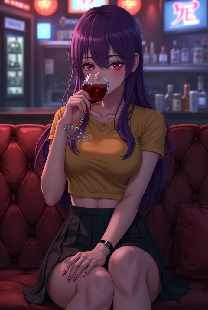 20 year old sexy woman, long purple hair and pink shirt, very big chest, red short skirt , in the apartment at night sitting on the chair and the dining table with wine ( More sexy)