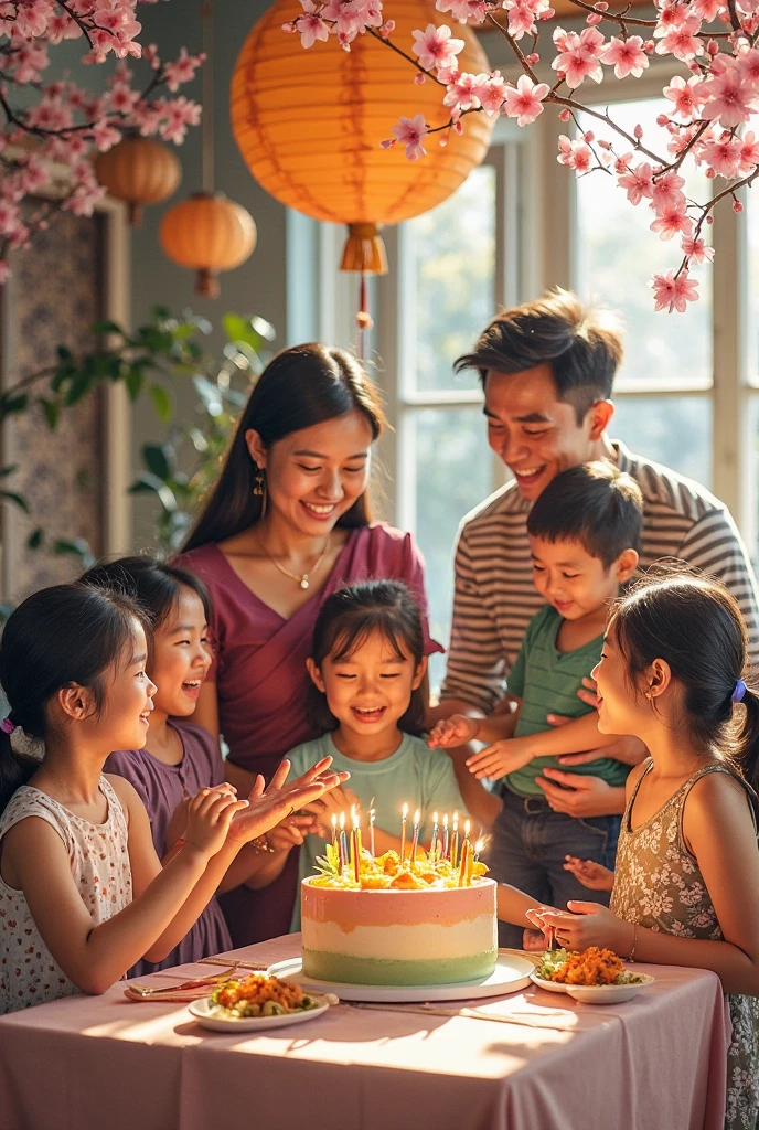 The family gathers around the table, a symbol of unity and sharing.
The mother, at the center of the scene, is the focus of the celebration.
Her husband and children surround her, showing their love and affection.
The carefully set table and fresh flowers create a festive and welcoming atmosphere.
The sunlight that bathes the faces of those present conveys a feeling of warmth and joy.
The smiles and laughter reveal the family's genuine happiness on this special day.
An Unforgettable Mother's Day
Around the carefully set table, the family gathers to celebrate Mother's Day. In the center, the matriarch radiates happiness, surrounded by her children and loving husband. A vase of fresh flowers decorates the table, while sunlight bathes the faces of those present, creating a golden glow that accompanies their smiles and laughter. The atmosphere is welcoming and overflowing with love, capturing the essence of family togetherness on this special day.