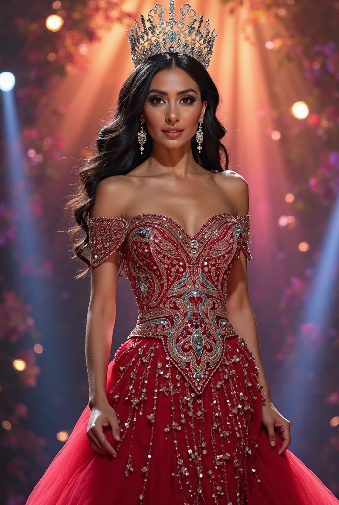 (full body shot 1) a 23 year old girl wearing red hot fashion dress in a indian fashion show, medium breast, long black hair, blur background, (ultrarealistic picture)
