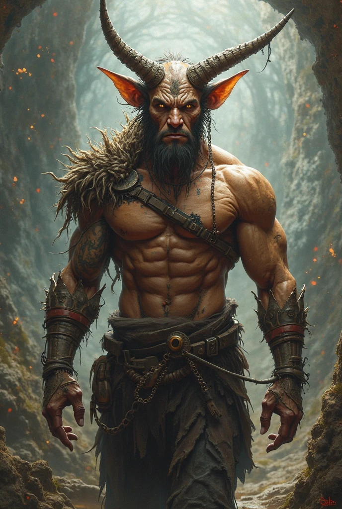 a demon with horns and a beard holding a knife in his hand, fit male demon with white horns, male centaur centaur chimera, horned god, a minotaur wolf, with horns, minotaur in ancient armor, portrait of a minotaur, satyr, cernunnos, male demon, wojtek fus, minotaur