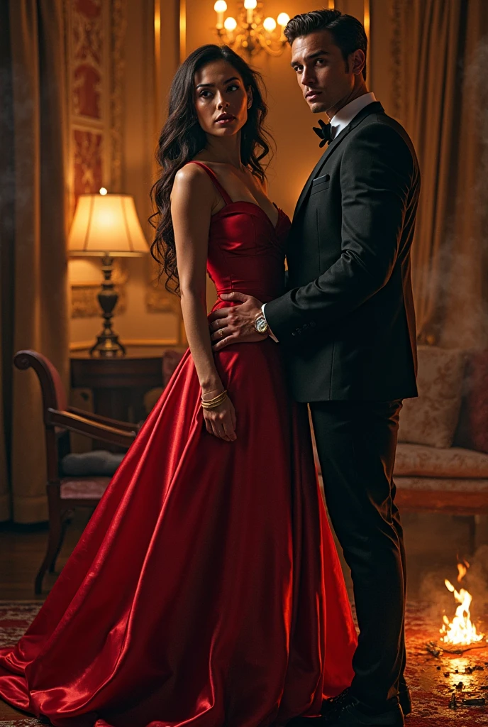 Create a realistic image of a woman with black, wavy hair wearing a long red dress with a thigh-high slit, she is in the company of a man with blond hair, blue-eyed man who is wearing a black outfit. The scene is a party room, very luxurious.